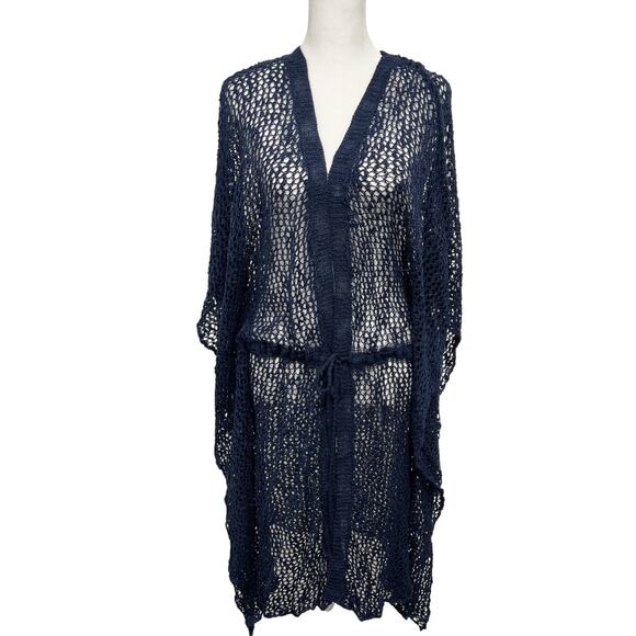 POL Duster Cardigan Cover Up Navy Blue Crochet Tie Waist Boho Indie Coastal Sz S - Picture 1 of 13